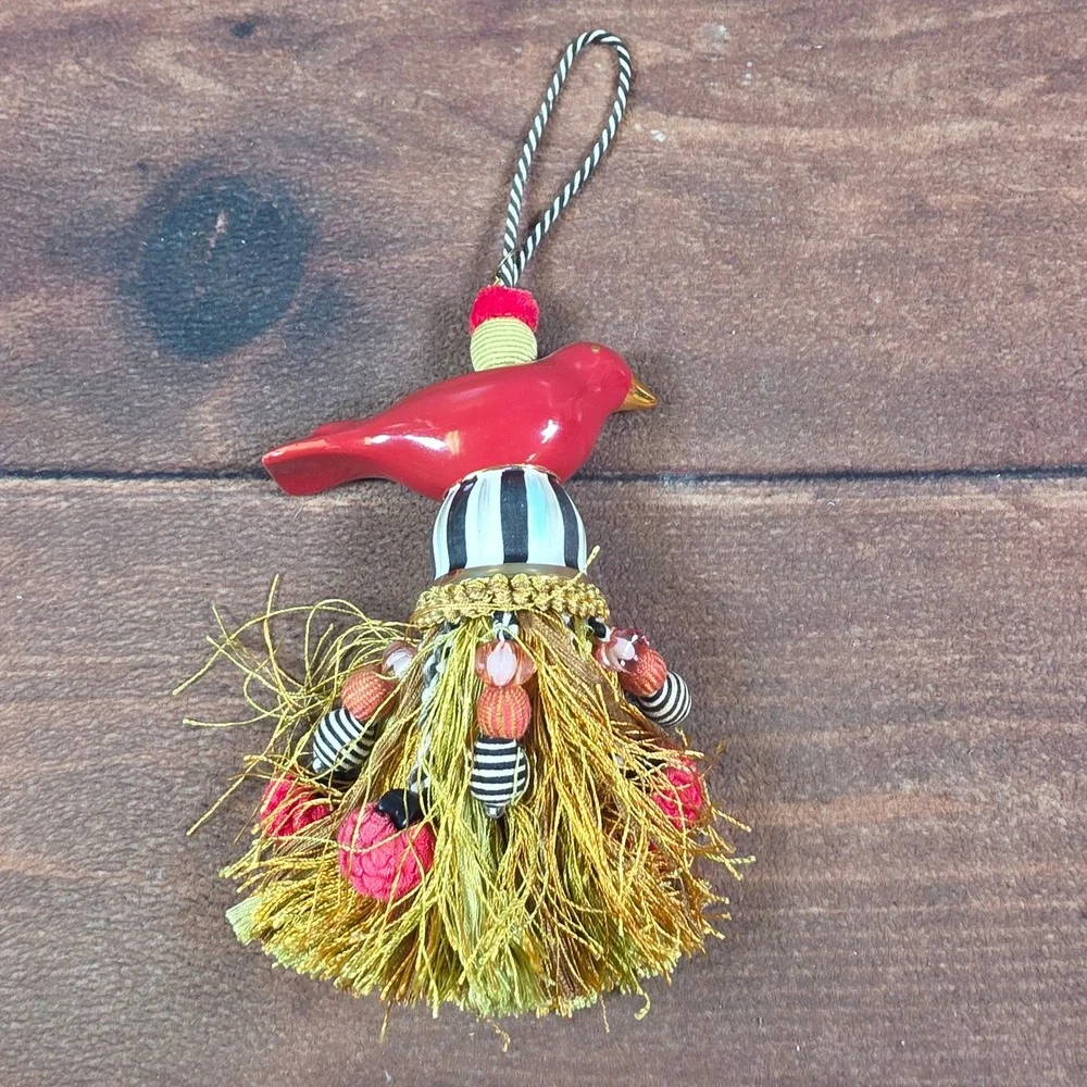 MacKenzie-Childs Cardinal Bird Tassel Ornament Red OS Good Striped Whimsical